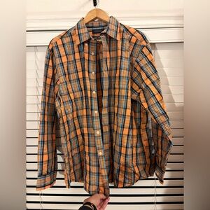 Mens Orange/Blue Plaid Button Down Shirt